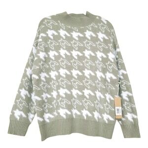 Dreamers by Debut Womens L New‎ Houndstooth Pullover Sweater- Sage Green White